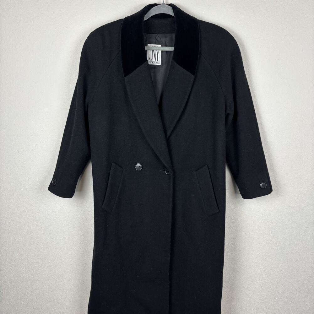 VTG Jones New York Coat Womens XL Black Wool Long Dbl Breasted Velvet Collar